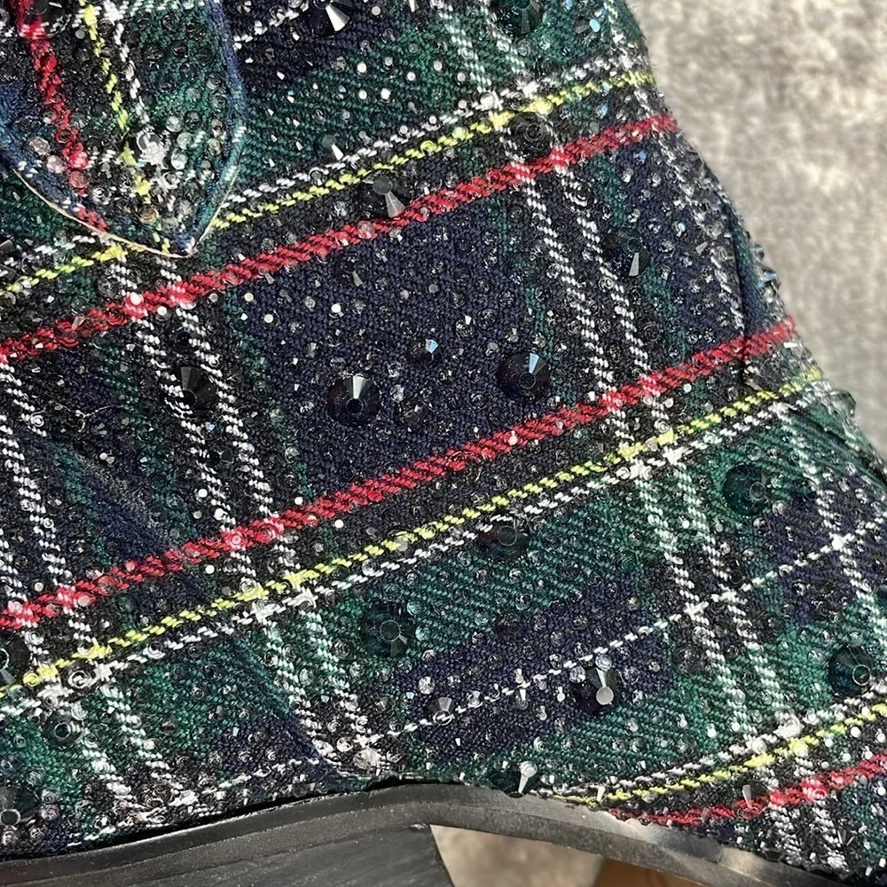 New Jessica Simpson Zadie Rhinestone Plaid Tartan Ankle Boots Western Sz 5.5